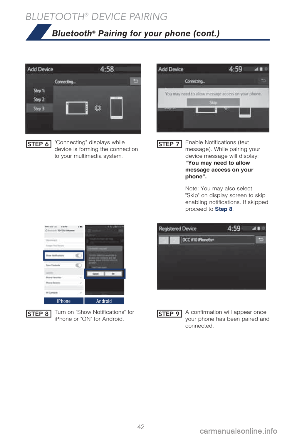 TOYOTA C-HR 2019   (in English) Service Manual 42
BLUETOOTH® DEVICE PAIRING
"Connecting" displays while 
device is forming the connection 
to your multimedia system.�&�O�B�C�M�F��/�P�U�J�G�J�D�B�U�J�P�O�T��	�U�F�Y�U�
�N�F�T�T�B�H�F�
���8�I�J