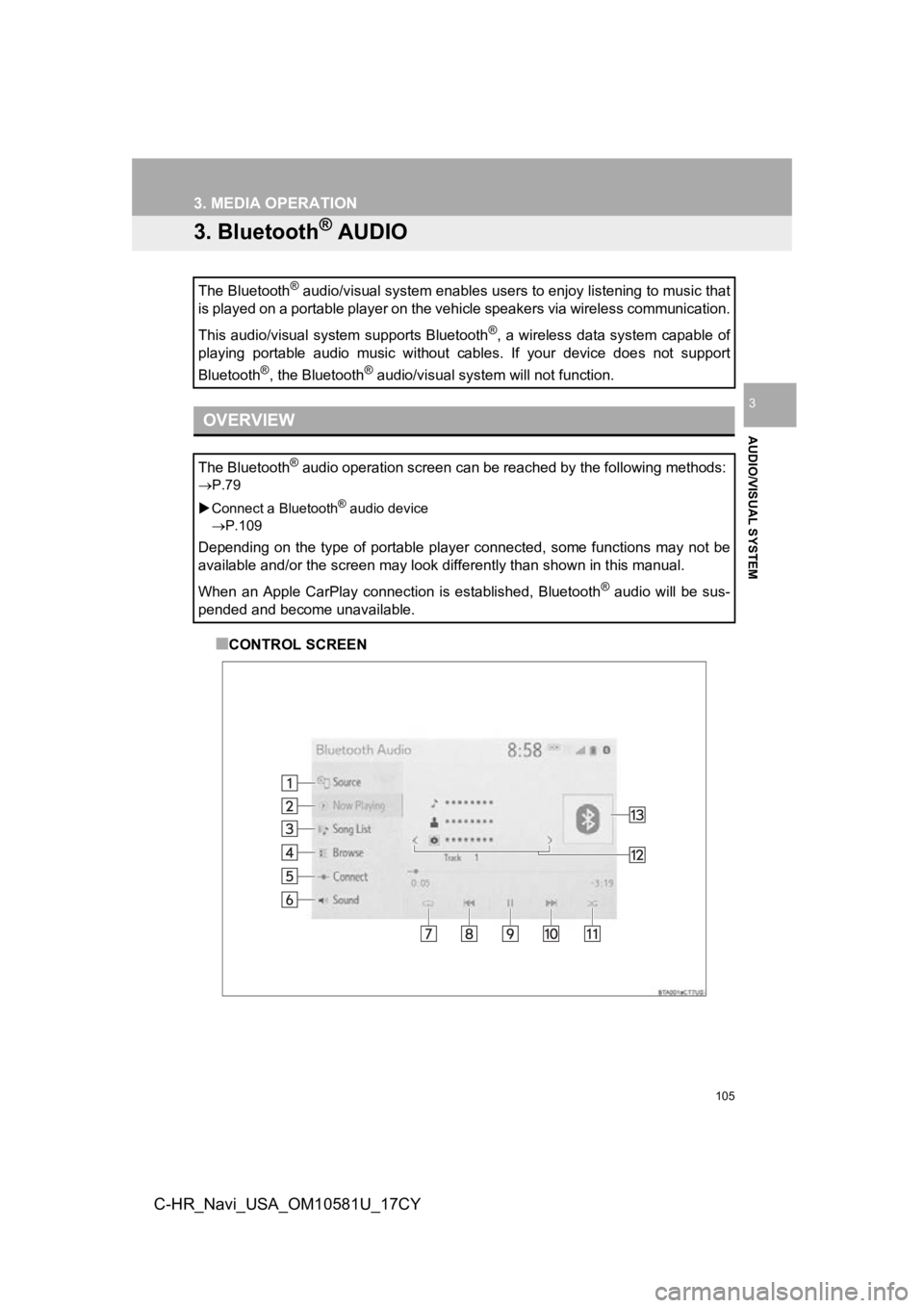 TOYOTA C-HR 2019 Accessories, Audio & Navigation (in English) 105
3. MEDIA OPERATION
AUDIO/VISUAL SYSTEM
3
C-HR_Navi_USA_OM10581U_17CY
3. Bluetooth® AUDIO
■CONTROL SCREEN
The Bluetooth
® audio/visual system enables users to enjoy listening to music
that
is TOYOTA C-HR 2019 Accessories, Audio & Navigation (in English) 105
3. MEDIA OPERATION
AUDIO/VISUAL SYSTEM
3
C-HR_Navi_USA_OM10581U_17CY
3. Bluetooth® AUDIO
■CONTROL SCREEN
The Bluetooth
® audio/visual system enables users to enjoy listening to music
that
is