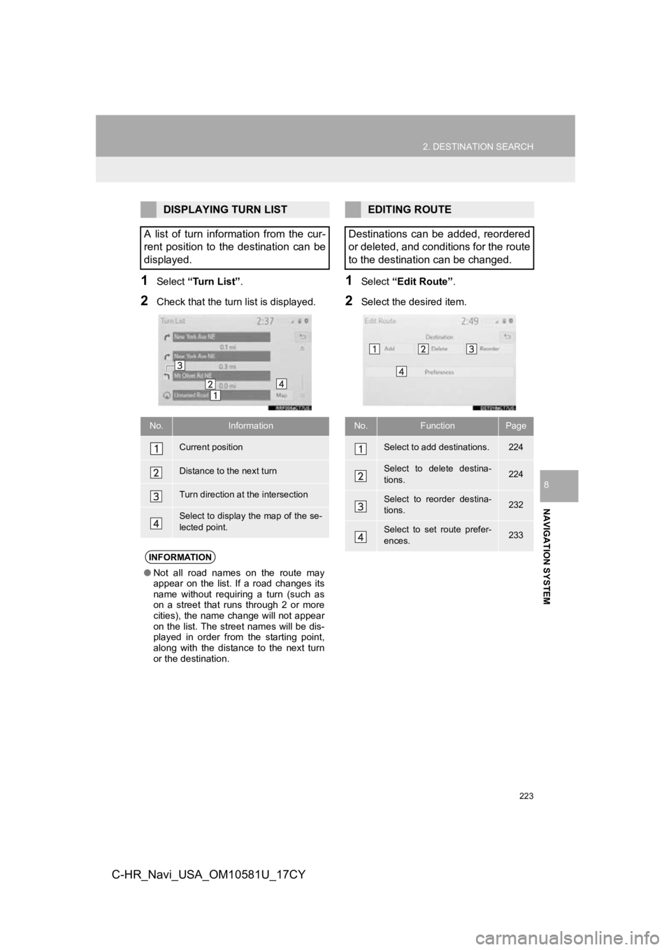 TOYOTA C-HR 2019 Accessories, Audio & Navigation (in English) 223
2. DESTINATION SEARCH
NAVIGATION SYSTEM
8
C-HR_Navi_USA_OM10581U_17CY
1Select “Turn List” .
2Check that the turn list is displayed.
1Select “Edit Route” .
2Select the desired item.
DISPLAY TOYOTA C-HR 2019 Accessories, Audio & Navigation (in English) 223
2. DESTINATION SEARCH
NAVIGATION SYSTEM
8
C-HR_Navi_USA_OM10581U_17CY
1Select “Turn List” .
2Check that the turn list is displayed.
1Select “Edit Route” .
2Select the desired item.
DISPLAY