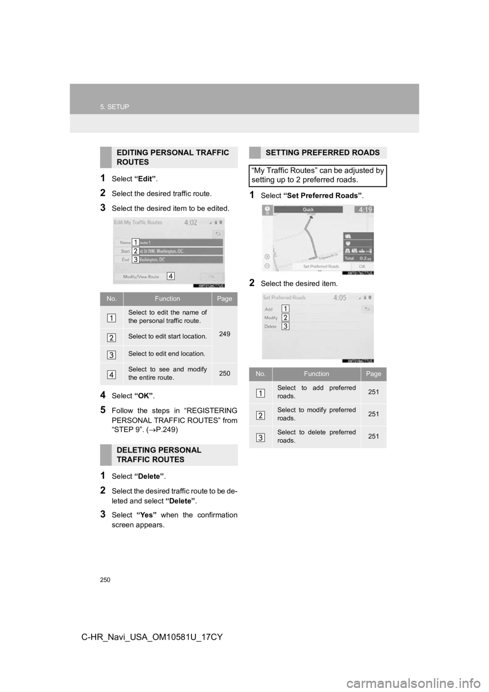 TOYOTA C-HR 2019 Accessories, Audio & Navigation (in English) 250
5. SETUP
C-HR_Navi_USA_OM10581U_17CY
1Select “Edit”.
2Select the desired traffic route.
3Select the desired item to be edited.
4Select “OK”.
5Follow the steps in “REGISTERING
PERSON TOYOTA C-HR 2019 Accessories, Audio & Navigation (in English) 250
5. SETUP
C-HR_Navi_USA_OM10581U_17CY
1Select “Edit”.
2Select the desired traffic route.
3Select the desired item to be edited.
4Select “OK”.
5Follow the steps in “REGISTERING
PERSON