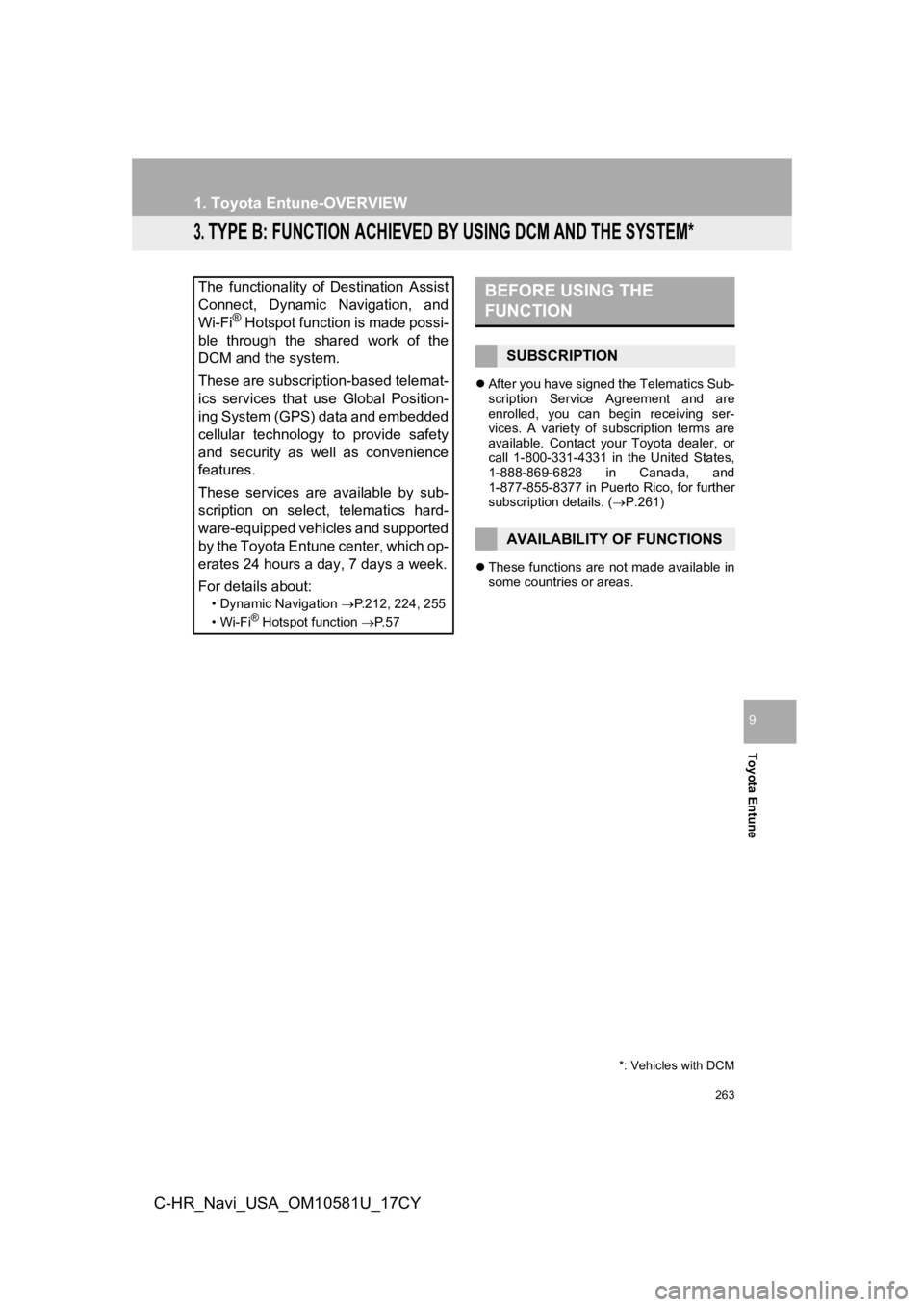 TOYOTA C-HR 2019 Accessories, Audio & Navigation (in English) 263
1. Toyota Entune-OVERVIEW
Toyota Entune
9
C-HR_Navi_USA_OM10581U_17CY
3. TYPE B: FUNCTION ACHIEVED BY USING DCM AND THE SYSTEM*
After you have signed the Telematics Sub-
scription Service Agr TOYOTA C-HR 2019 Accessories, Audio & Navigation (in English) 263
1. Toyota Entune-OVERVIEW
Toyota Entune
9
C-HR_Navi_USA_OM10581U_17CY
3. TYPE B: FUNCTION ACHIEVED BY USING DCM AND THE SYSTEM*
After you have signed the Telematics Sub-
scription Service Agr