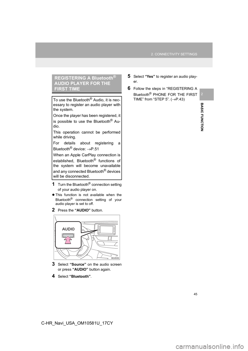 TOYOTA C-HR 2019 Accessories, Audio & Navigation (in English) 45
2. CONNECTIVITY SETTINGS
BASIC FUNCTION
2
C-HR_Navi_USA_OM10581U_17CY
1Turn the Bluetooth® connection setting
of your audio player on.
This function is not available when the
Bluetooth® TOYOTA C-HR 2019 Accessories, Audio & Navigation (in English) 45
2. CONNECTIVITY SETTINGS
BASIC FUNCTION
2
C-HR_Navi_USA_OM10581U_17CY
1Turn the Bluetooth® connection setting
of your audio player on.
This function is not available when the
Bluetooth®