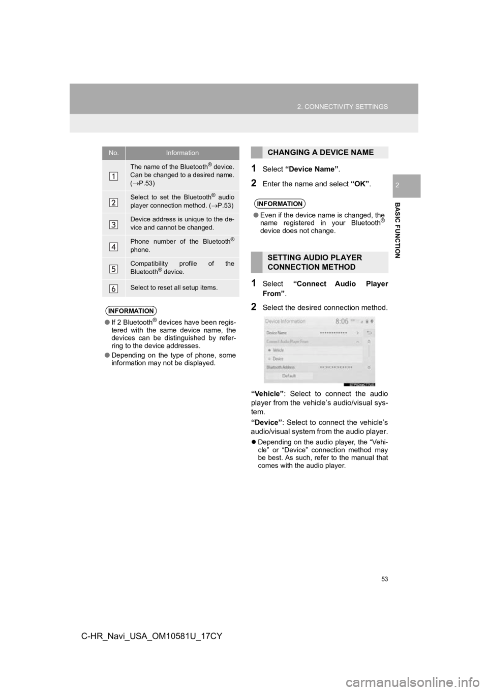 TOYOTA C-HR 2019 Accessories, Audio & Navigation (in English) 53
2. CONNECTIVITY SETTINGS
BASIC FUNCTION
2
C-HR_Navi_USA_OM10581U_17CY
1Select “Device Name” .
2Enter the name and select “OK”.
1Select “Connect Audio Player
From” .
2Select the desi TOYOTA C-HR 2019 Accessories, Audio & Navigation (in English) 53
2. CONNECTIVITY SETTINGS
BASIC FUNCTION
2
C-HR_Navi_USA_OM10581U_17CY
1Select “Device Name” .
2Enter the name and select “OK”.
1Select “Connect Audio Player
From” .
2Select the desi