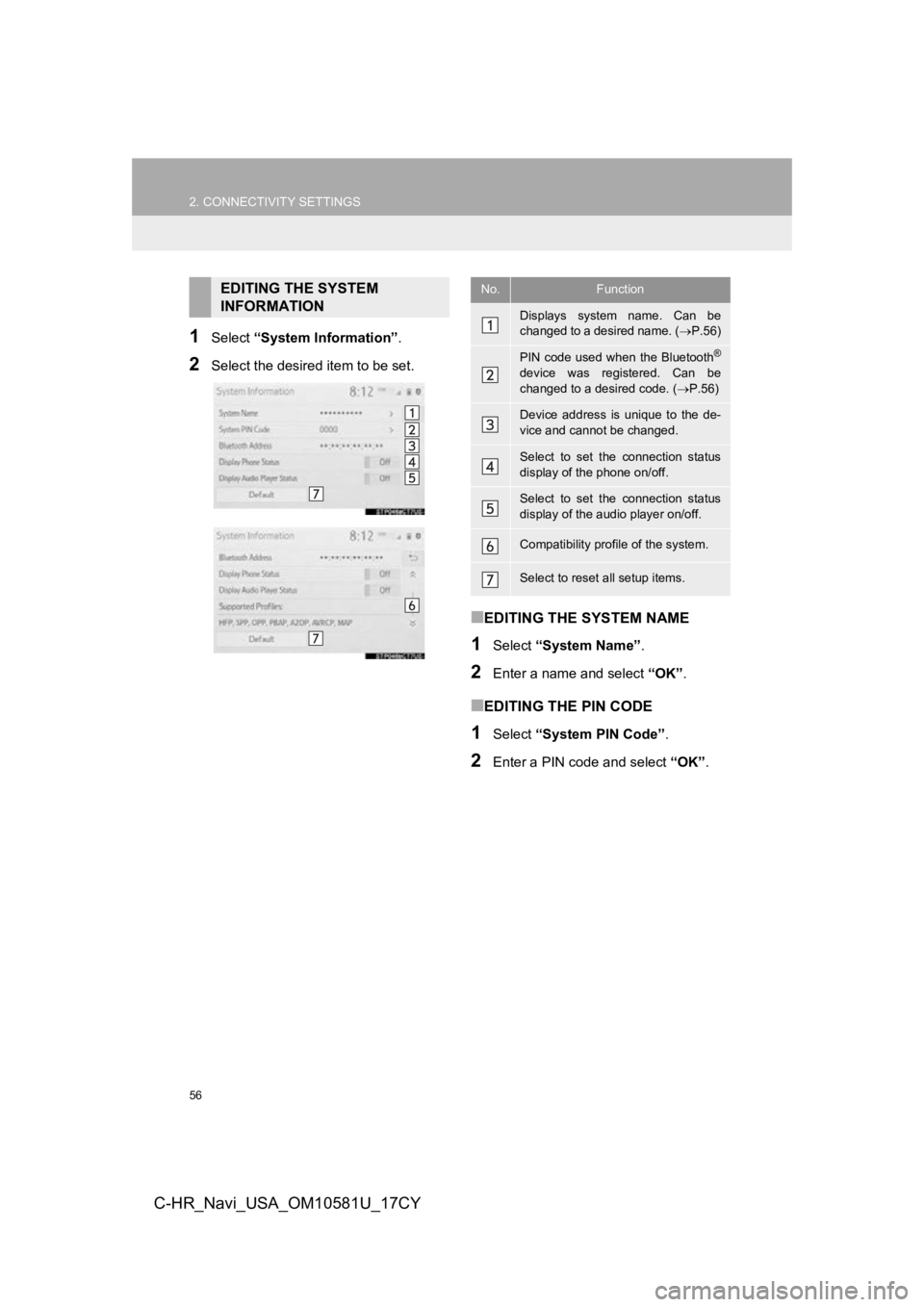 TOYOTA C-HR 2019 Accessories, Audio & Navigation (in English) 56
2. CONNECTIVITY SETTINGS
C-HR_Navi_USA_OM10581U_17CY
1Select “System Information” .
2Select the desired item to be set.
■EDITING THE SYSTEM NAME
1Select “System Name” .
2Enter a name and TOYOTA C-HR 2019 Accessories, Audio & Navigation (in English) 56
2. CONNECTIVITY SETTINGS
C-HR_Navi_USA_OM10581U_17CY
1Select “System Information” .
2Select the desired item to be set.
■EDITING THE SYSTEM NAME
1Select “System Name” .
2Enter a name and