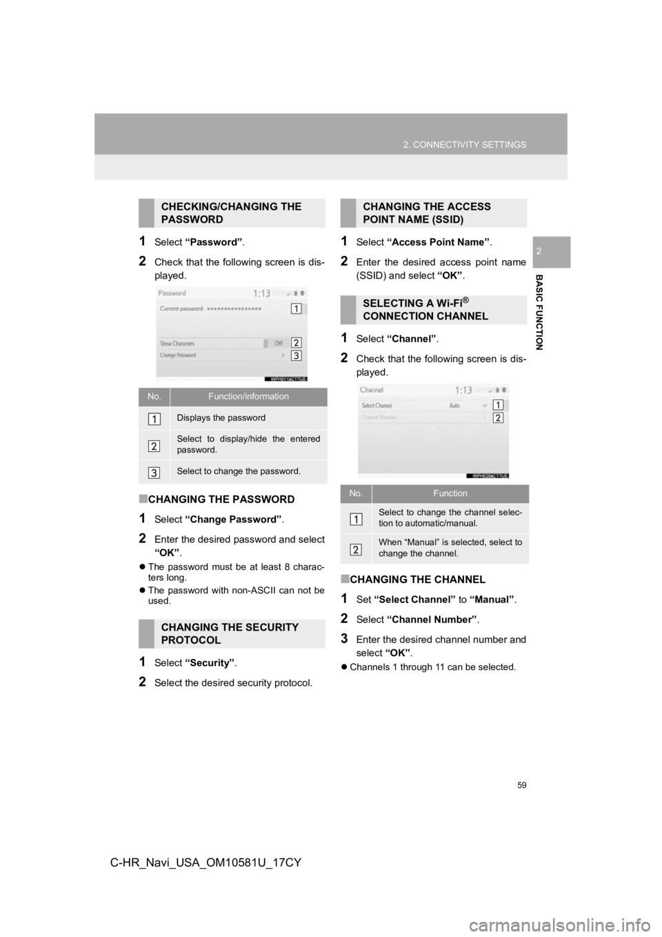 TOYOTA C-HR 2019 Accessories, Audio & Navigation (in English) 59
2. CONNECTIVITY SETTINGS
BASIC FUNCTION
2
C-HR_Navi_USA_OM10581U_17CY
1Select “Password” .
2Check that the following screen is dis-
played.
■CHANGING THE PASSWORD
1Select “Change Password TOYOTA C-HR 2019 Accessories, Audio & Navigation (in English) 59
2. CONNECTIVITY SETTINGS
BASIC FUNCTION
2
C-HR_Navi_USA_OM10581U_17CY
1Select “Password” .
2Check that the following screen is dis-
played.
■CHANGING THE PASSWORD
1Select “Change Password