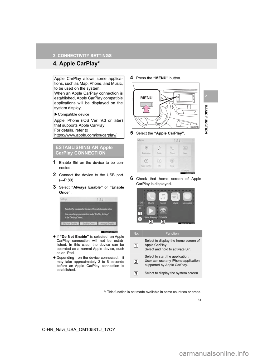 TOYOTA C-HR 2019 Accessories, Audio & Navigation (in English) 61
2. CONNECTIVITY SETTINGS
BASIC FUNCTION
2
C-HR_Navi_USA_OM10581U_17CY
4. Apple CarPlay*
1Enable Siri on the device to be con-
nected.
2Connect the device to the USB port.
(P.80)
3Se TOYOTA C-HR 2019 Accessories, Audio & Navigation (in English) 61
2. CONNECTIVITY SETTINGS
BASIC FUNCTION
2
C-HR_Navi_USA_OM10581U_17CY
4. Apple CarPlay*
1Enable Siri on the device to be con-
nected.
2Connect the device to the USB port.
(P.80)
3Se