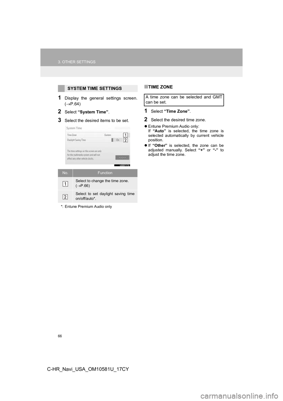 TOYOTA C-HR 2019 Accessories, Audio & Navigation (in English) 66
3. OTHER SETTINGS
C-HR_Navi_USA_OM10581U_17CY
1Display the general settings screen.
(P.64)
2Select “System Time” .
3Select the desired items to be set.
■TIME ZONE
1Select “Time Zone TOYOTA C-HR 2019 Accessories, Audio & Navigation (in English) 66
3. OTHER SETTINGS
C-HR_Navi_USA_OM10581U_17CY
1Display the general settings screen.
(P.64)
2Select “System Time” .
3Select the desired items to be set.
■TIME ZONE
1Select “Time Zone