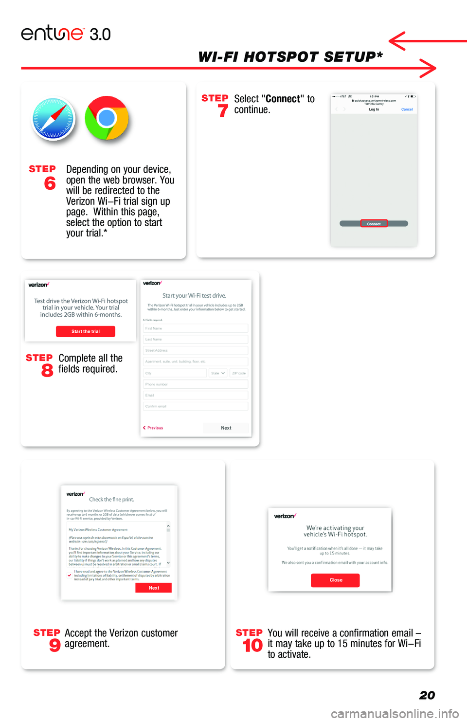 TOYOTA C-HR 2019 Accessories, Audio & Navigation (in English) STEP
8
Complete all the fields required.
Start the trial
Next
20
WI-FI HOTSPOT SETUP*
STEP
6
* Standard on Entune™ 3.0 Audio (excl C-HR), Audio Plus, and Premium Audio. Trial up to 2 G\
B within 6 m TOYOTA C-HR 2019 Accessories, Audio & Navigation (in English) STEP
8
Complete all the fields required.
Start the trial
Next
20
WI-FI HOTSPOT SETUP*
STEP
6
* Standard on Entune™ 3.0 Audio (excl C-HR), Audio Plus, and Premium Audio. Trial up to 2 G\
B within 6 m