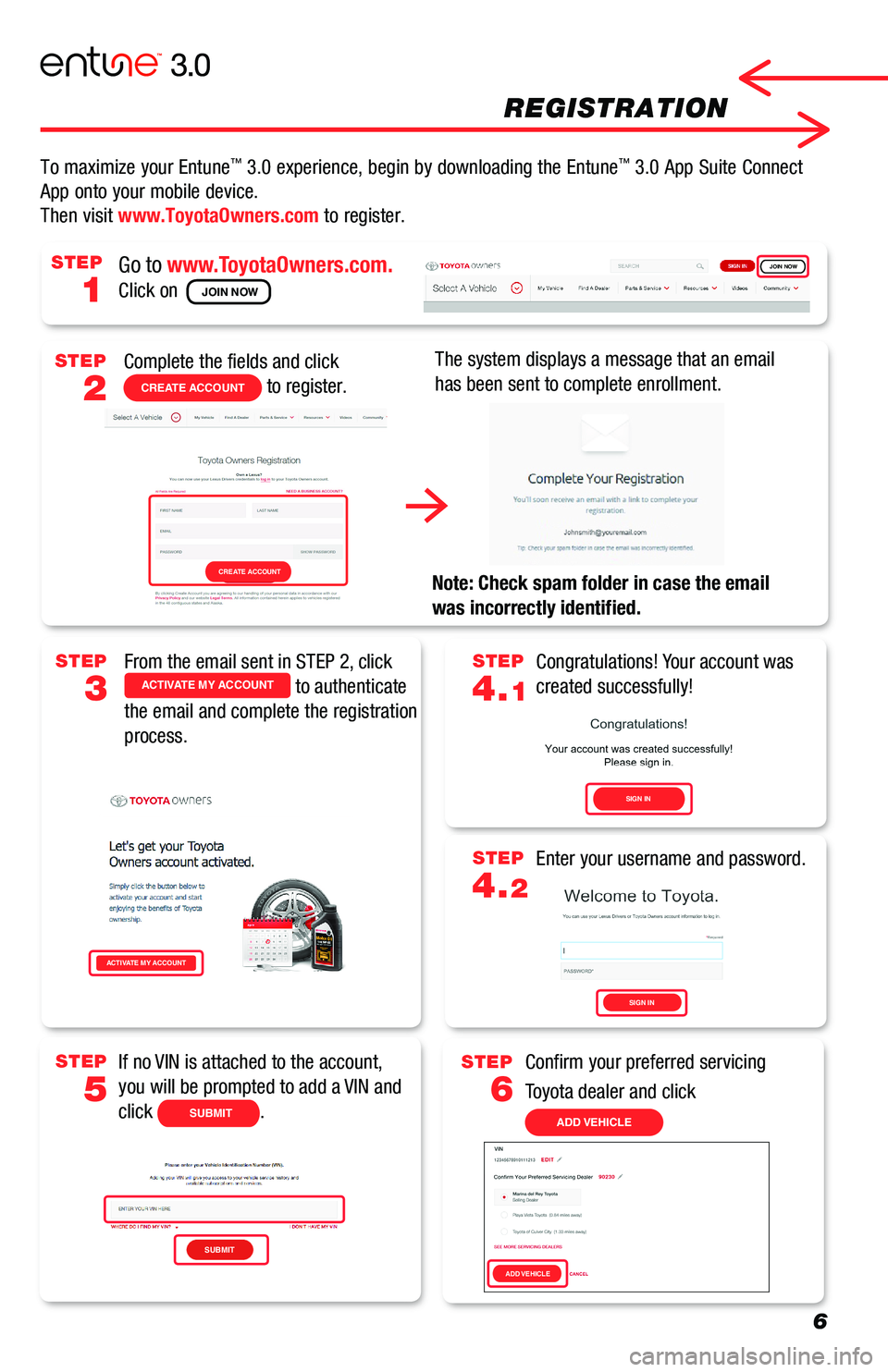 TOYOTA C-HR 2019 Accessories, Audio & Navigation (in English) 6
REGISTRATION
Complete the fields and click
CREATE ACCOUNT to register.
Go to www.ToyotaOwners.com.
Click on
The system displays a message that an email
has been sent to complete enrollment.
Note: TOYOTA C-HR 2019 Accessories, Audio & Navigation (in English) 6
REGISTRATION
Complete the fields and click
CREATE ACCOUNT to register.
Go to www.ToyotaOwners.com.
Click on
The system displays a message that an email
has been sent to complete enrollment.
Note: