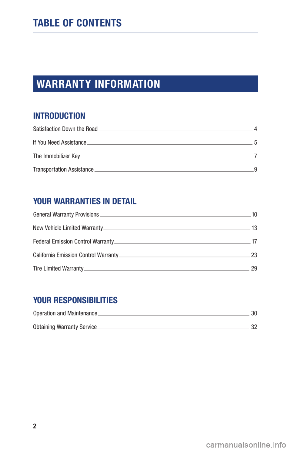 TOYOTA C-HR 2019  Warranties & Maintenance Guides (in English) 2
TABLE OF CONTENTS
WARR ANT Y INFORMATION
INTRODUCTION
Satisfaction Down the Road  4
If You Need Assistance 
 5
The Immobilizer Key 
 7
Transportation Assistance 
 9
YOUR WARRANTIES IN DETAIL
General