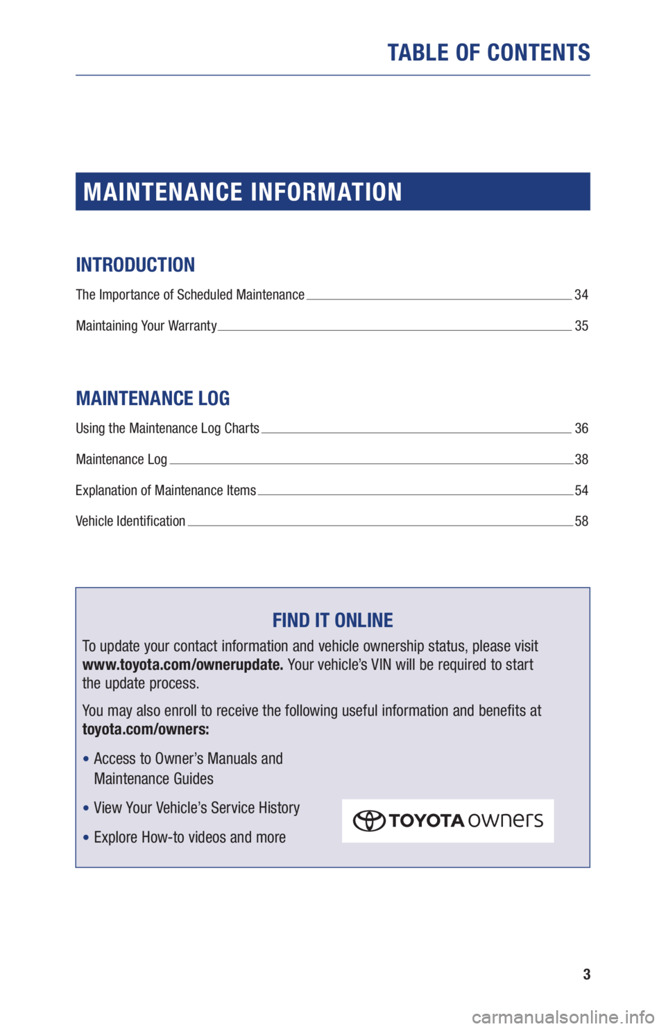 TOYOTA C-HR 2019 Warranties & Maintenance Guides (in English) 3
TABLE OF CONTENTS
MAINTENANCE INFORMATION
INTRODUCTION
The Importance of Scheduled Maintenance 34
Maintaining Your Warranty
35
MAINTENANCE LOG
Using the Maintenance Log Charts 36
Maintenance Log TOYOTA C-HR 2019 Warranties & Maintenance Guides (in English) 3
TABLE OF CONTENTS
MAINTENANCE INFORMATION
INTRODUCTION
The Importance of Scheduled Maintenance 34
Maintaining Your Warranty
35
MAINTENANCE LOG
Using the Maintenance Log Charts 36
Maintenance Log