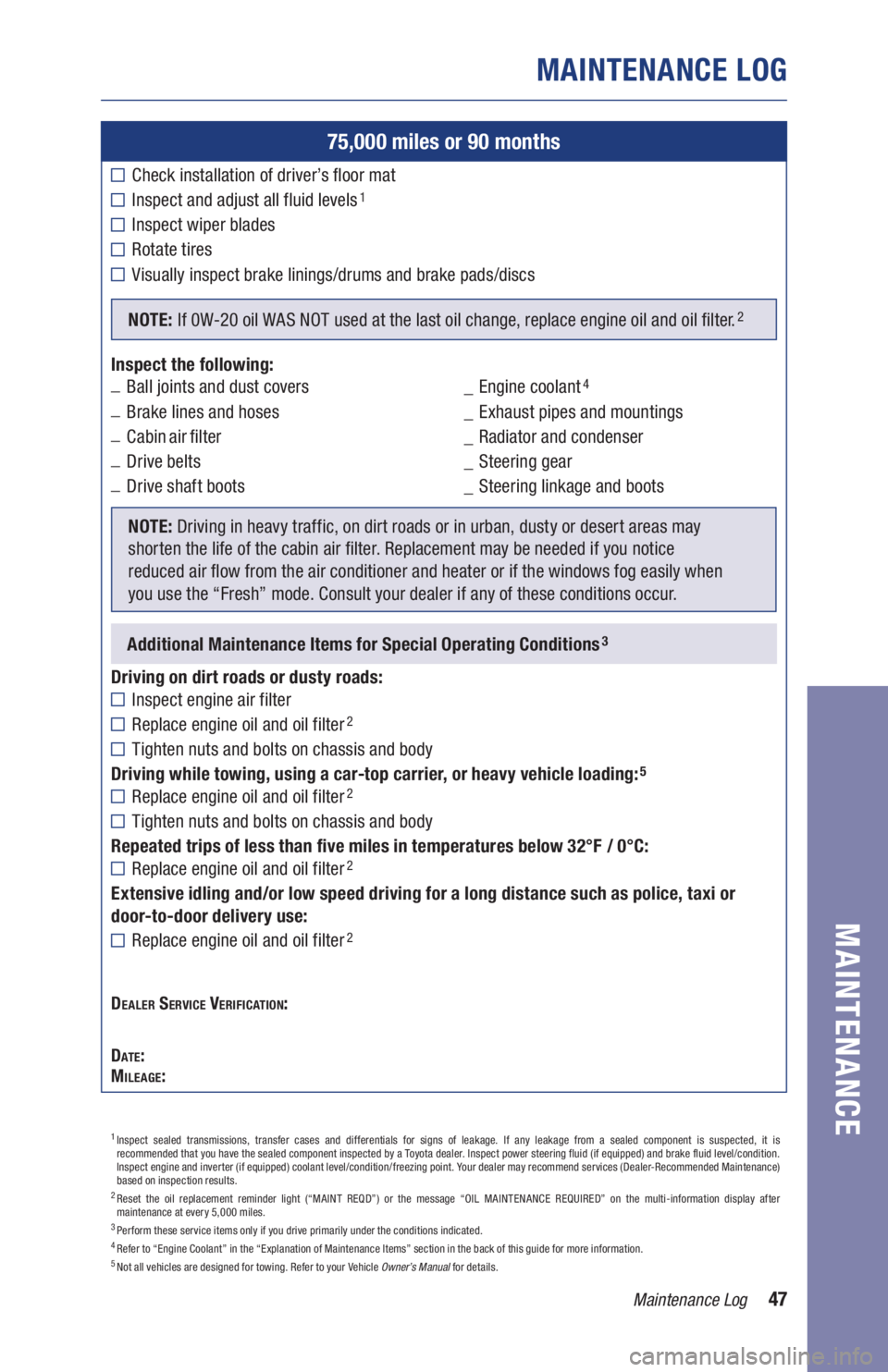 TOYOTA C-HR 2019  Warranties & Maintenance Guides (in English) 47Maintenance Log
MAINTENANCE LOG
MAINTENANCE
75,000 miles or 90 months
Check installation of driver’s floor mat
Inspect and adjust all fluid levels1
Inspect wiper blades
Rotate tires
 Visually insp