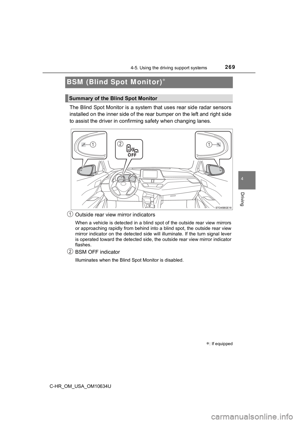 TOYOTA C-HR 2020 Owners Manual (in English) 2694-5. Using the driving support systems
4
Driving
C-HR_OM_USA_OM10634U
BSM (Blind Spot Monitor)
The Blind Spot Monitor is a system that uses rear side radar sensors
installed on the inner side of TOYOTA C-HR 2020 Owners Manual (in English) 2694-5. Using the driving support systems
4
Driving
C-HR_OM_USA_OM10634U
BSM (Blind Spot Monitor)
The Blind Spot Monitor is a system that uses rear side radar sensors
installed on the inner side of