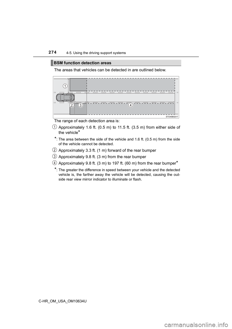 TOYOTA C-HR 2020  Owners Manual (in English) 2744-5. Using the driving support systems
C-HR_OM_USA_OM10634U
The areas that vehicles can be  detected in are outlined below.
The range of each detection area is: Approximately  1.6  ft.  (0.5  m)  t