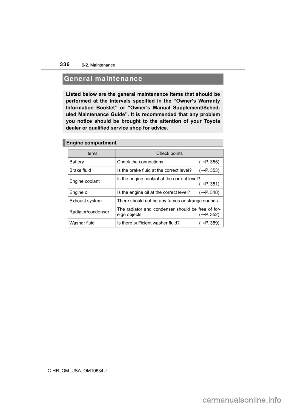 TOYOTA C-HR 2020  Owners Manual (in English) 3366-2. Maintenance
C-HR_OM_USA_OM10634U
General maintenance
Listed  below  are  the  general  maintenance  items  that  should  be
performed  at  the  intervals  specified  in  the  “Owner’s  War