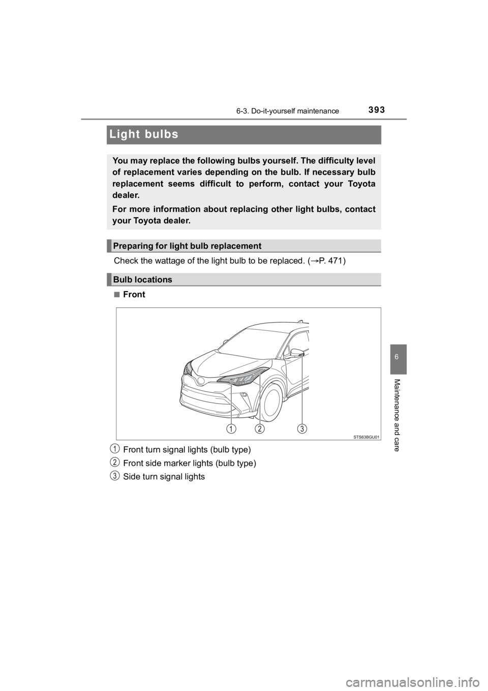 TOYOTA C-HR 2020  Owners Manual (in English) 3936-3. Do-it-yourself maintenance
6
Maintenance and care
C-HR_OM_USA_OM10634U
Light bulbs
Check the wattage of the light bulb to be replaced. ( P. 471)
■Front
Front turn signal  lights (bulb typ