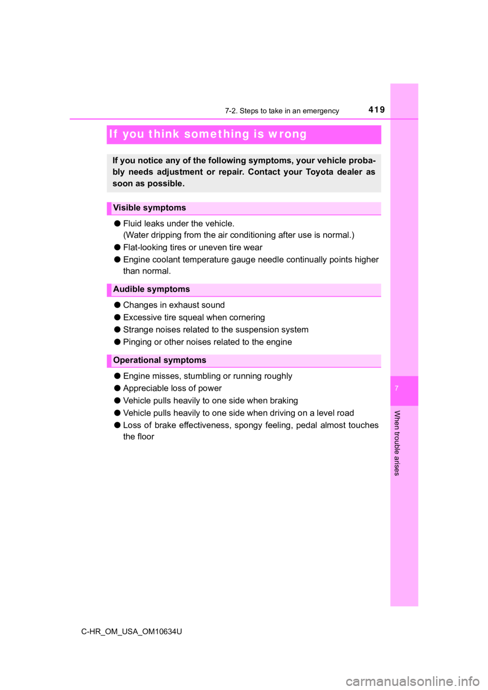 TOYOTA C-HR 2020  Owners Manual (in English) 4197-2. Steps to take in an emergency
C-HR_OM_USA_OM10634U
7
When trouble arises
If  you think something is wrong
●Fluid leaks un der the vehicle.
(Water dripping from the air conditioning a fter us