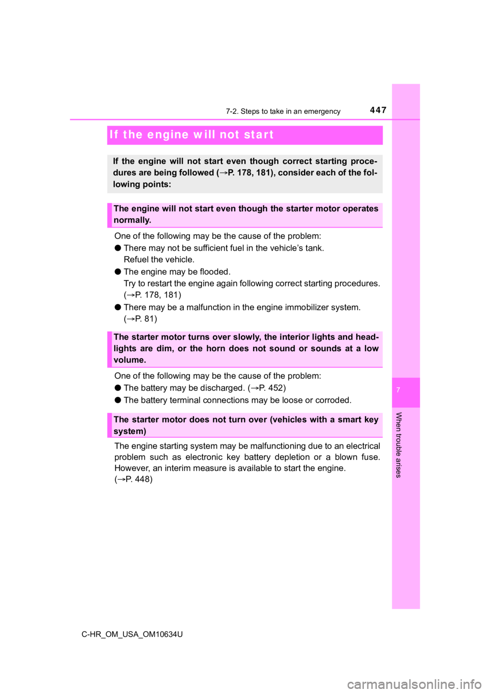 TOYOTA C-HR 2020 Owners Manual (in English) 4477-2. Steps to take in an emergency
C-HR_OM_USA_OM10634U
7
When trouble arises
If the engine will not star t
One of the following may be the cause of the problem:
● There may not be sufficient fu TOYOTA C-HR 2020 Owners Manual (in English) 4477-2. Steps to take in an emergency
C-HR_OM_USA_OM10634U
7
When trouble arises
If the engine will not star t
One of the following may be the cause of the problem:
● There may not be sufficient fu