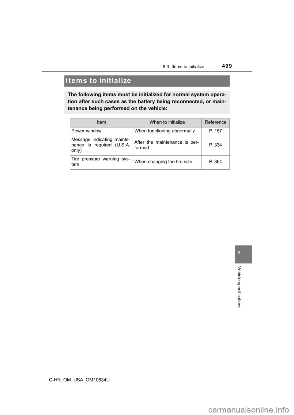 TOYOTA C-HR 2020  Owners Manual (in English) 4998-3. Items to initialize
C-HR_OM_USA_OM10634U
8
Vehicle specifications
Items to initialize
The following items must be initialized for normal system opera-
tion after such cases as the battery bein