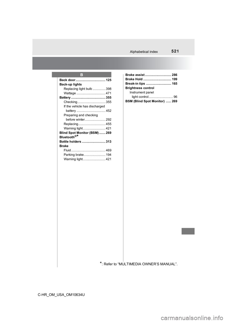 TOYOTA C-HR 2020  Owners Manual (in English) 521Alphabetical index
C-HR_OM_USA_OM10634U
Back door ................................. 125
Back-up lightsReplacing light bulb .............. 398
Wattage ................................ 471
Battery ..