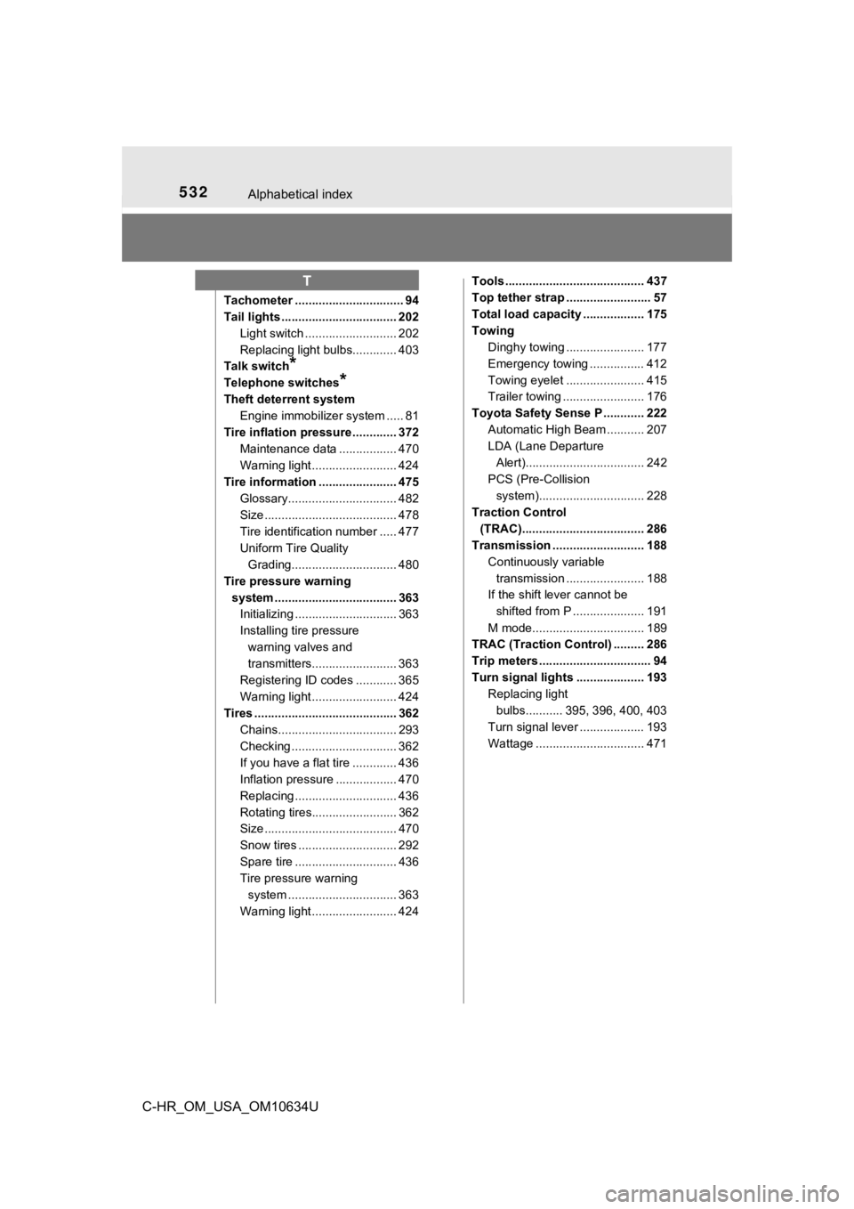 TOYOTA C-HR 2020  Owners Manual (in English) 532Alphabetical index
C-HR_OM_USA_OM10634U
Tachometer ................................ 94
Tail lights .................................. 202Light switch ........................... 202
Replacing light