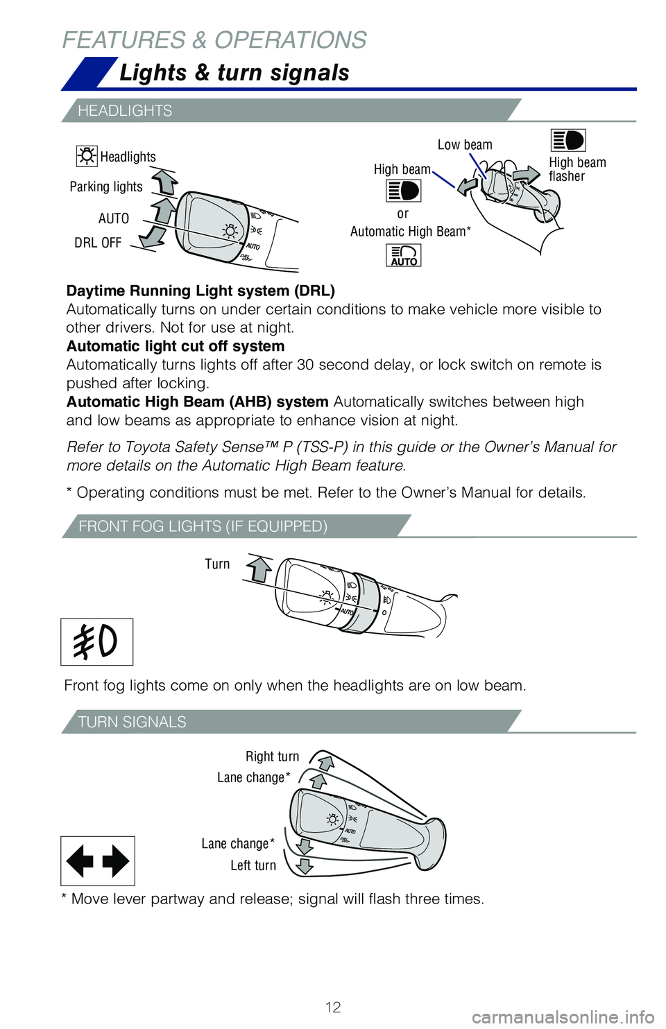 TOYOTA C-HR 2020 (in English) User Guide 12
FEATURES & OPERATIONS
Daytime Running Light system (DRL)
Automatically turns on under certain conditions to make vehicle more visible to
other drivers. Not for use at night.
Automatic light cut TOYOTA C-HR 2020 (in English) User Guide 12
FEATURES & OPERATIONS
Daytime Running Light system (DRL)
Automatically turns on under certain conditions to make vehicle more visible to
other drivers. Not for use at night.
Automatic light cut