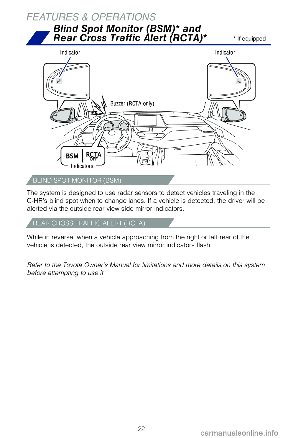 TOYOTA C-HR 2020 (in English) Owners Manual 22
FEATURES & OPERATIONSBlind Spot Monitor (BSM)* and
Rear Cross Traffic Alert (RCTA)*
IndicatorIndicator
Buzzer (RCTA only)
* If equipped
Indicators
The system is designed to use radar sensors to d TOYOTA C-HR 2020 (in English) Owners Manual 22
FEATURES & OPERATIONSBlind Spot Monitor (BSM)* and
Rear Cross Traffic Alert (RCTA)*
IndicatorIndicator
Buzzer (RCTA only)
* If equipped
Indicators
The system is designed to use radar sensors to d