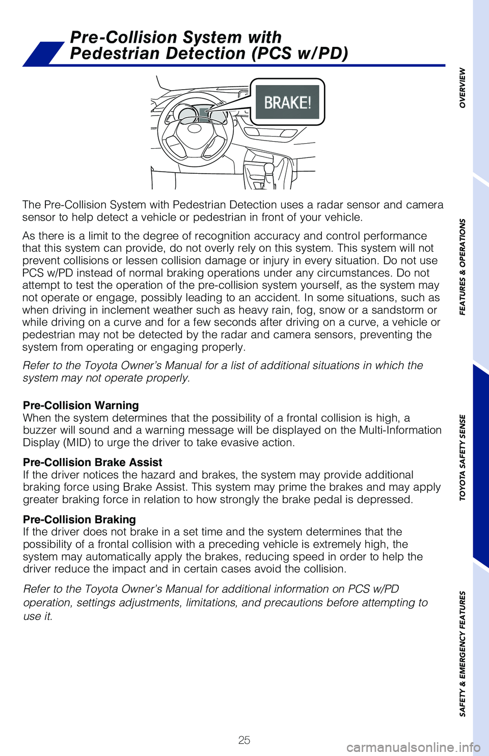 TOYOTA C-HR 2020 (in English) Owners Manual 25
OVERVIEW
FEATURES & OPERATIONS
TOYOTA SAFETY SENSE
SAFETY & EMERGENCY FEATURES
The Pre-Collision System with Pedestrian Detection uses a radar sensor and \
camera
sensor to help detect a vehicle o TOYOTA C-HR 2020 (in English) Owners Manual 25
OVERVIEW
FEATURES & OPERATIONS
TOYOTA SAFETY SENSE
SAFETY & EMERGENCY FEATURES
The Pre-Collision System with Pedestrian Detection uses a radar sensor and \
camera
sensor to help detect a vehicle o