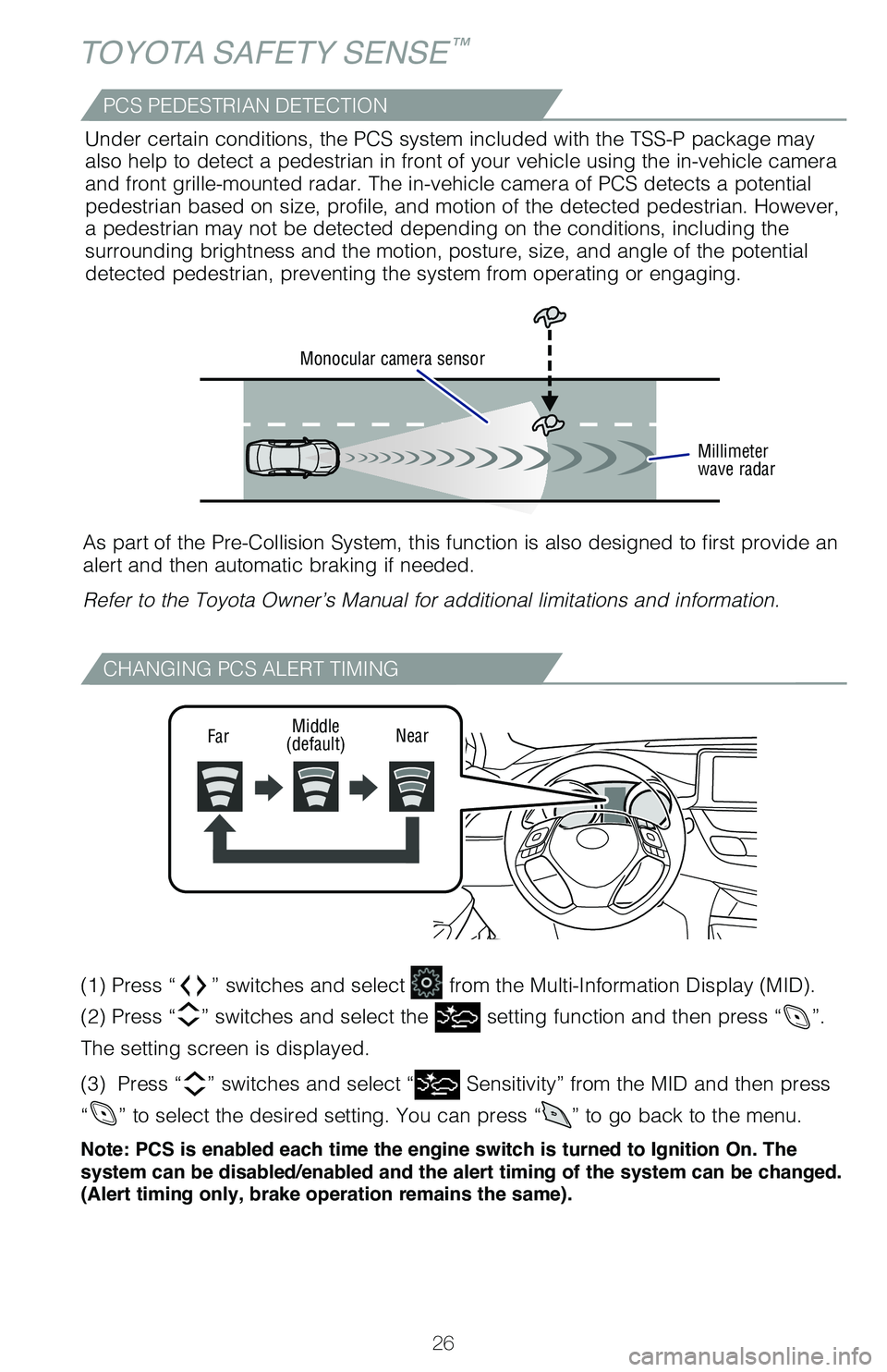 TOYOTA C-HR 2020 (in English) Owners Manual 26
CHANGING PCS ALERT TIMING
TOYOTA SAFETY SENSE™
(1) Press “” switches and select from the Multi-Information Display (MID).
(2) Press “
” switches and select the setting function and the TOYOTA C-HR 2020 (in English) Owners Manual 26
CHANGING PCS ALERT TIMING
TOYOTA SAFETY SENSE™
(1) Press “” switches and select from the Multi-Information Display (MID).
(2) Press “
” switches and select the setting function and the