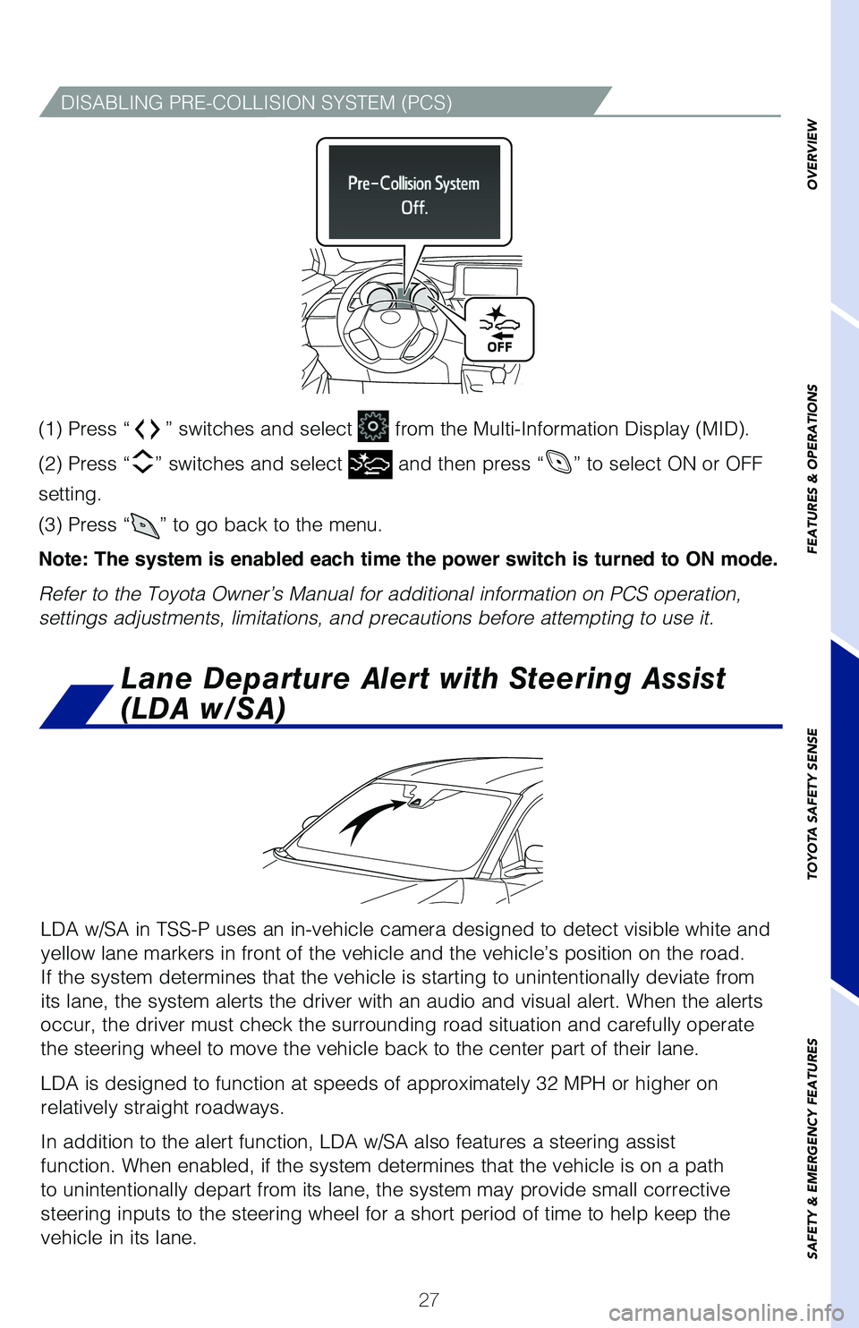TOYOTA C-HR 2020 (in English) Owners Manual 27
OVERVIEW
FEATURES & OPERATIONS
TOYOTA SAFETY SENSE
SAFETY & EMERGENCY FEATURES
(1) Press “” switches and select from the Multi-Information Display (MID).
(2) Press “
” switches and select TOYOTA C-HR 2020 (in English) Owners Manual 27
OVERVIEW
FEATURES & OPERATIONS
TOYOTA SAFETY SENSE
SAFETY & EMERGENCY FEATURES
(1) Press “” switches and select from the Multi-Information Display (MID).
(2) Press “
” switches and select