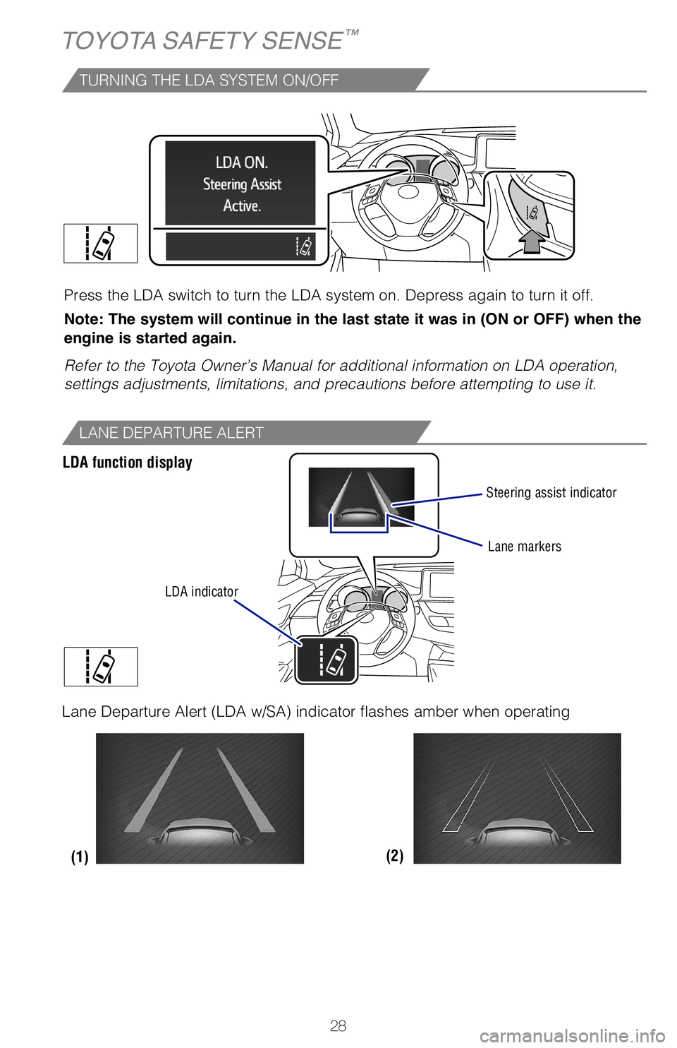 TOYOTA C-HR 2020 (in English) Owners Manual 28
TOYOTA SAFETY SENSE™
(2)
(1)
TURNING THE LDA SYSTEM ON/OFF
Press the LDA switch to turn the LDA system on. Depress again to turn it off.\
Note: The system will continue in the last state it was TOYOTA C-HR 2020 (in English) Owners Manual 28
TOYOTA SAFETY SENSE™
(2)
(1)
TURNING THE LDA SYSTEM ON/OFF
Press the LDA switch to turn the LDA system on. Depress again to turn it off.\
Note: The system will continue in the last state it was