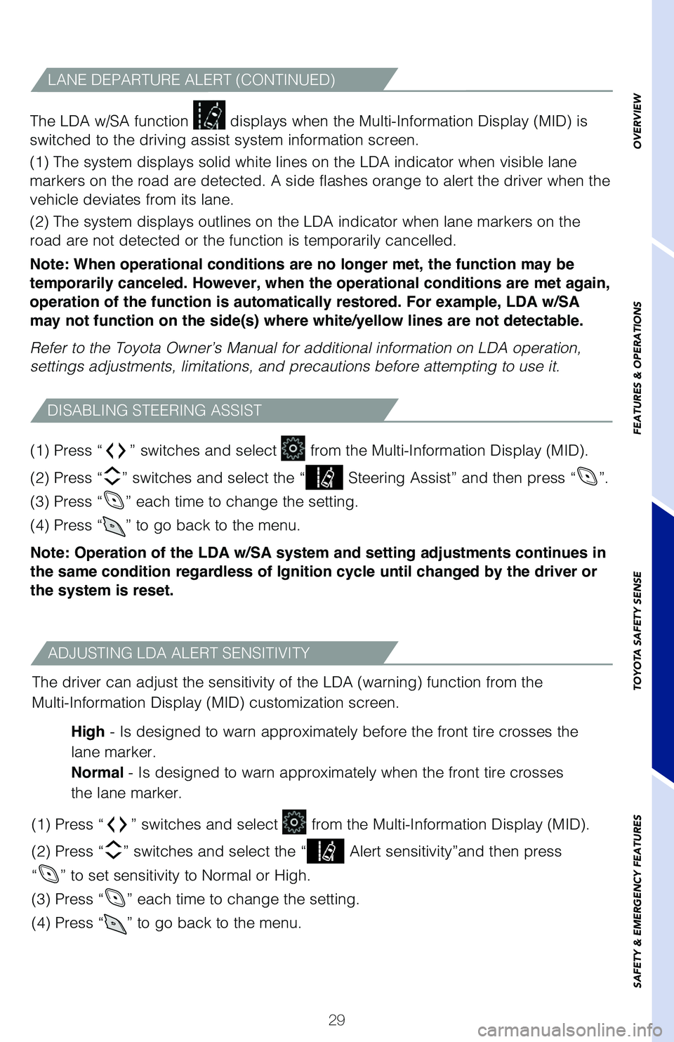 TOYOTA C-HR 2020 (in English) Owners Guide 29
OVERVIEW
FEATURES & OPERATIONS
TOYOTA SAFETY SENSE
SAFETY & EMERGENCY FEATURES
The LDA w/SA function displays when the Multi-Information Display (MID) is
switched to the driving assist system inf TOYOTA C-HR 2020 (in English) Owners Guide 29
OVERVIEW
FEATURES & OPERATIONS
TOYOTA SAFETY SENSE
SAFETY & EMERGENCY FEATURES
The LDA w/SA function displays when the Multi-Information Display (MID) is
switched to the driving assist system inf