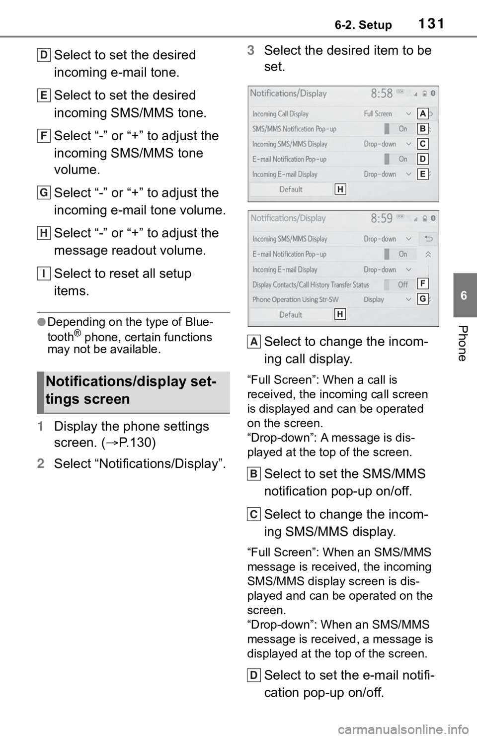 TOYOTA C-HR 2020  Accessories, Audio & Navigation (in English) 1316-2. Setup
6
Phone
Select to set the desired 
incoming e-mail tone.
Select to set the desired 
incoming SMS/MMS tone.
Select “-” or “+” to adjust the 
incoming SMS/MMS tone 
volume.
Select 