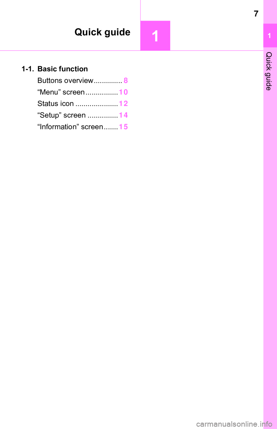 TOYOTA C-HR 2020  Accessories, Audio & Navigation (in English) 7
11
Quick guide
Quick guide
1-1. Basic functionButtons overview.............. 8
“Menu” screen ................ 10
Status icon ..................... 12
“Setup” screen ............... 14
“Inf