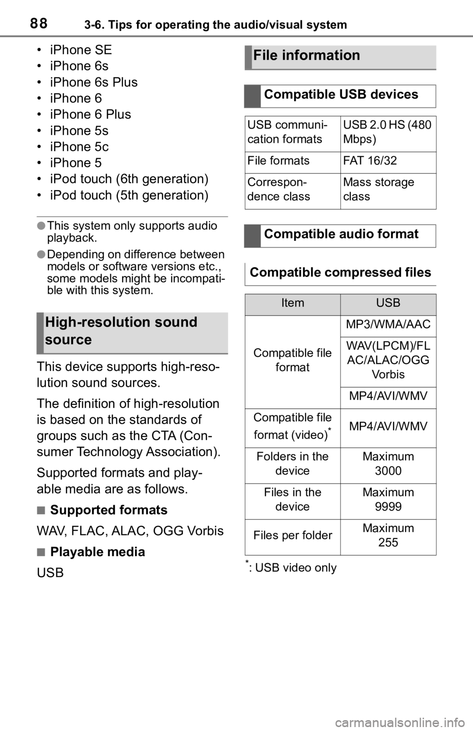 TOYOTA C-HR 2020  Accessories, Audio & Navigation (in English) 883-6. Tips for operating the audio/visual system
• iPhone SE
• iPhone 6s
• iPhone 6s Plus
• iPhone 6
• iPhone 6 Plus
• iPhone 5s
• iPhone 5c
• iPhone 5
• iPod touch (6th generation)