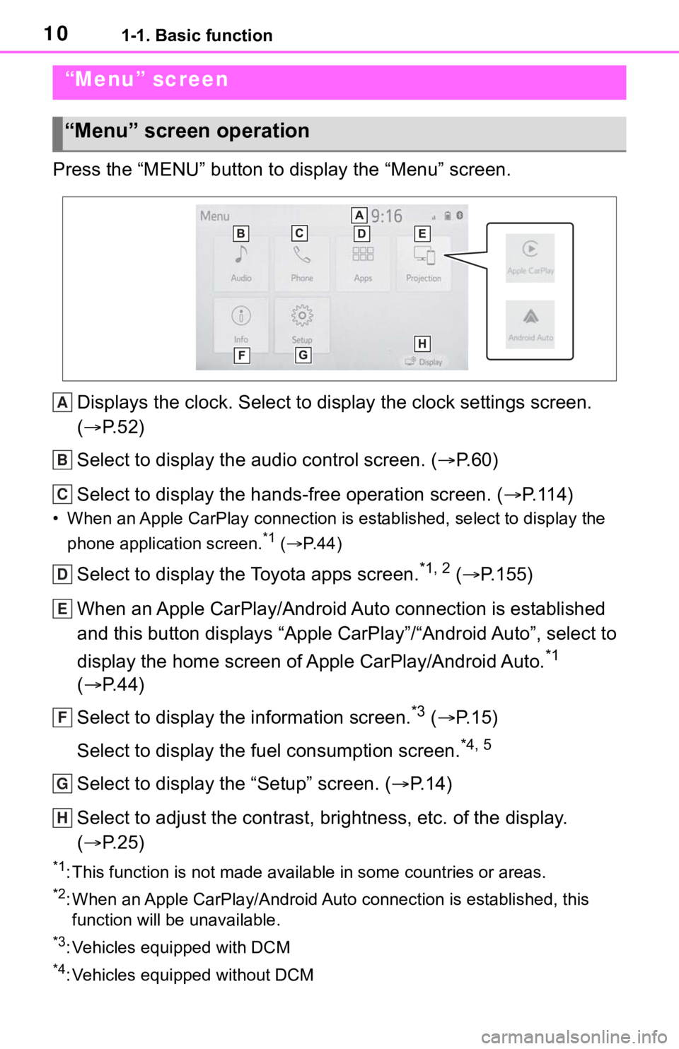 TOYOTA C-HR 2020 Accessories, Audio & Navigation (in English) 101-1. Basic function
Press the “MENU” button to display the “Menu” screen.Displays the clock. Select to display the clock settings screen .
( P. 5 2 )
Select to display the audio control TOYOTA C-HR 2020 Accessories, Audio & Navigation (in English) 101-1. Basic function
Press the “MENU” button to display the “Menu” screen.Displays the clock. Select to display the clock settings screen .
( P. 5 2 )
Select to display the audio control