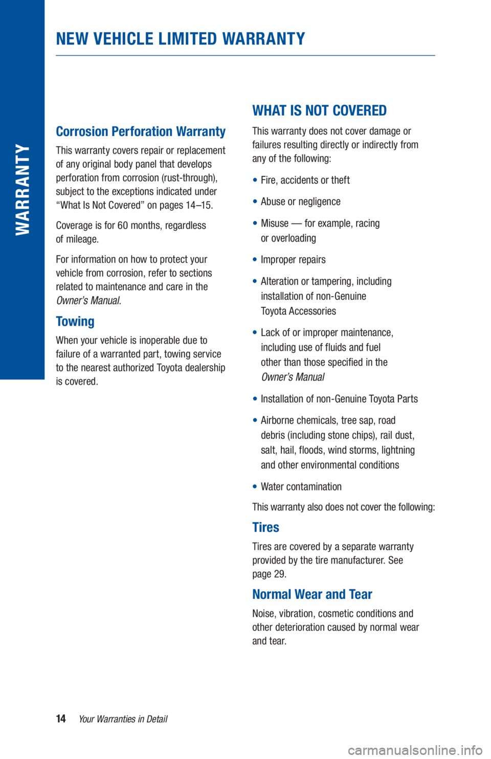 TOYOTA C-HR 2020  Warranties & Maintenance Guides (in English) 14Your Warranties in Detail
WARR ANT Y
NEW VEHICLE LIMITED WARRANTY
 
 
Corrosion Perforation Warranty 
This warranty covers repair or replacement 
of any original body panel that develops 
perforatio