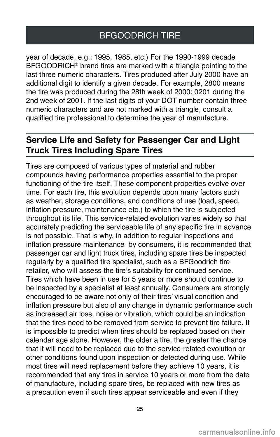 TOYOTA C-HR 2020  Warranties & Maintenance Guides (in English) 25
BFGOODRICH TIRE
year of decade, e.g.: 1995, 1985, etc.) For the 1990-1999 decade 
BFGOODRICH® brand tires are marked with a triangle pointing to the 
last three numeric characters. Tires produced 