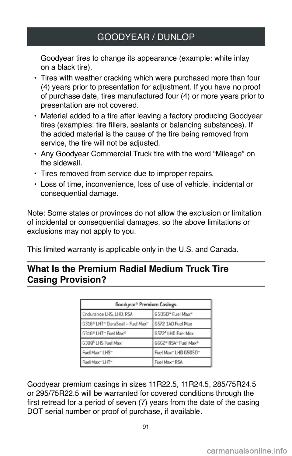 TOYOTA C-HR 2020  Warranties & Maintenance Guides (in English) GOODYEAR / DUNLOP
91
Goodyear tires to change its appearance (example: white inlay  
on a black tire).
•
 Tires with weather cracking which were purchased more than four 
(4) years prior to presenta