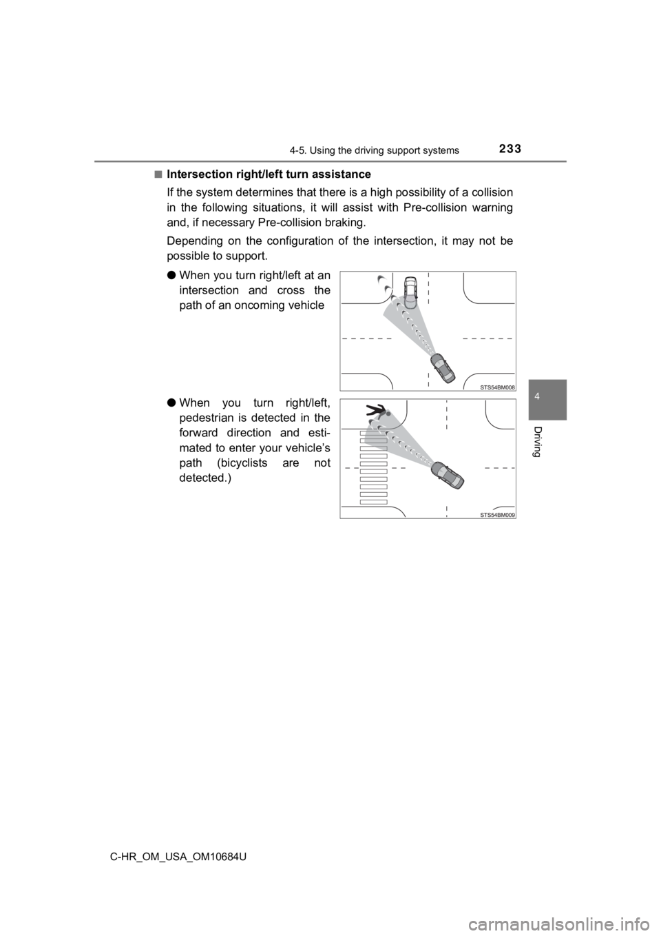 TOYOTA C-HR 2021 Owners Manual (in English) 2334-5. Using the driving support systems
4
Driving
C-HR_OM_USA_OM10684U■
Intersection right/left turn assistance
If the system determines that t
here is a high possibility of a collision
in the f TOYOTA C-HR 2021 Owners Manual (in English) 2334-5. Using the driving support systems
4
Driving
C-HR_OM_USA_OM10684U■
Intersection right/left turn assistance
If the system determines that t
here is a high possibility of a collision
in the f