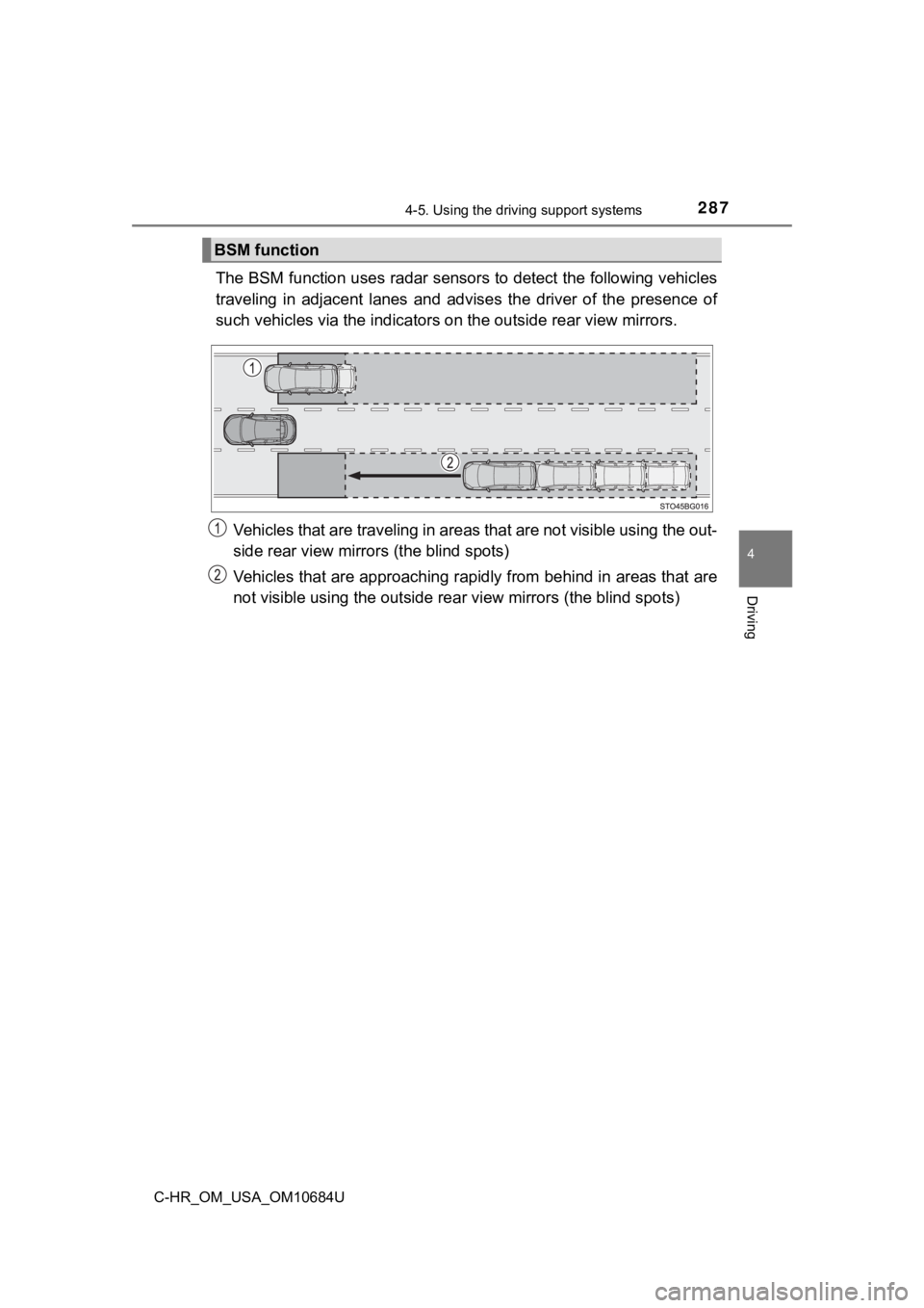 TOYOTA C-HR 2021 (in English) Owners Manual 2874-5. Using the driving support systems
4
Driving
C-HR_OM_USA_OM10684U
The BSM function uses radar sensors to detect the following vehicles
traveling in adjacent lanes and ad vises the driver TOYOTA C-HR 2021 (in English) Owners Manual 2874-5. Using the driving support systems
4
Driving
C-HR_OM_USA_OM10684U
The BSM function uses radar sensors to detect the following vehicles
traveling in adjacent lanes and ad vises the driver