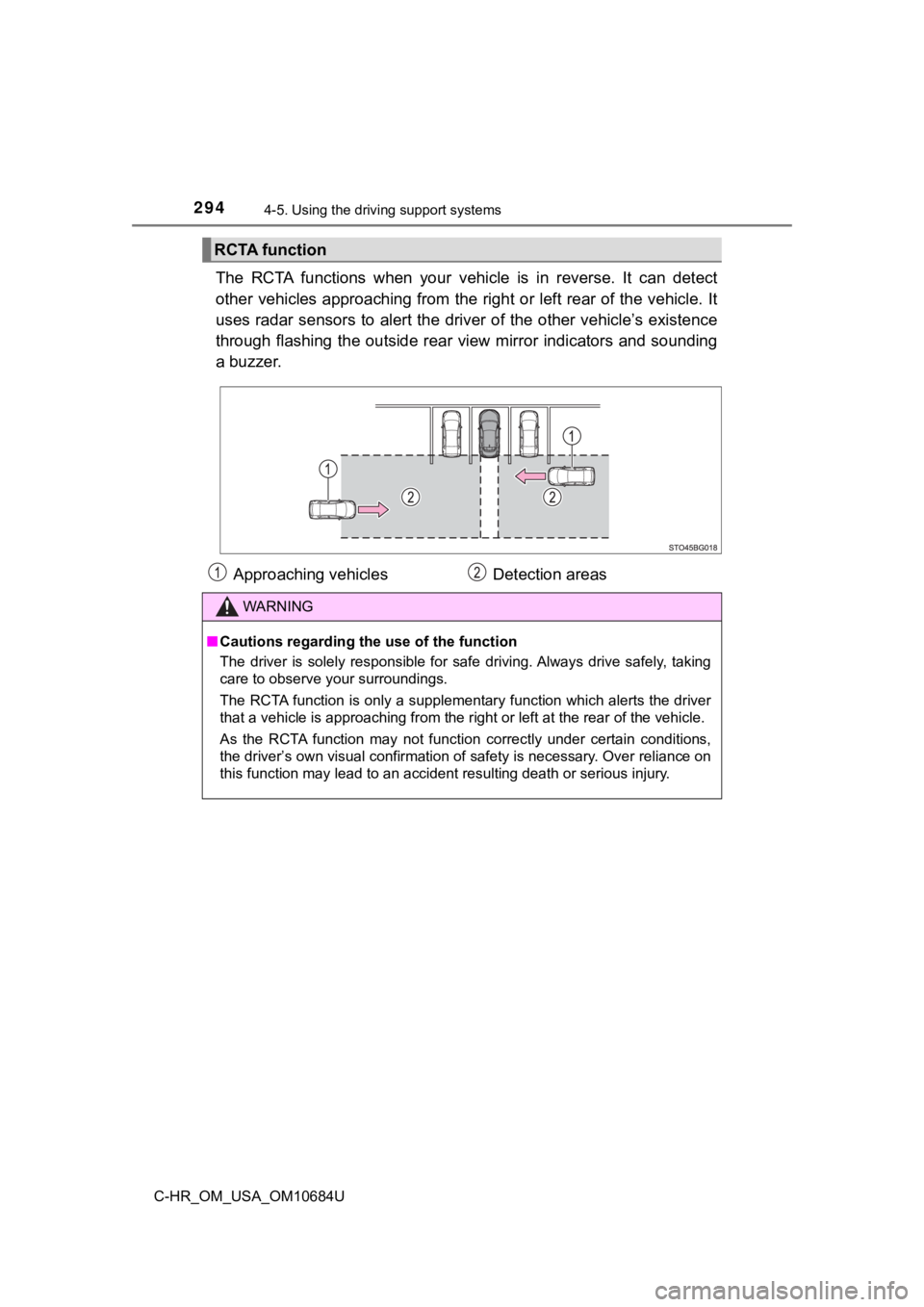 TOYOTA C-HR 2021 (in English) Owners Guide 2944-5. Using the driving support systems
C-HR_OM_USA_OM10684U
The RCTA functions when your vehicle is in reverse. It can dete ct
other vehicles approaching from the right or left rear of t TOYOTA C-HR 2021 (in English) Owners Guide 2944-5. Using the driving support systems
C-HR_OM_USA_OM10684U
The RCTA functions when your vehicle is in reverse. It can dete ct
other vehicles approaching from the right or left rear of t