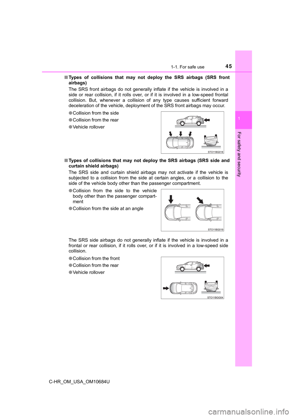 TOYOTA C-HR 2021 (in English) Service Manual 451-1. For safe use
1
For safety and security
C-HR_OM_USA_OM10684U■
Types of collisions that may not deploy the SRS airbags (SRS fr ont
airbags)
The SRS front airbags do not general TOYOTA C-HR 2021 (in English) Service Manual 451-1. For safe use
1
For safety and security
C-HR_OM_USA_OM10684U■
Types of collisions that may not deploy the SRS airbags (SRS fr ont
airbags)
The SRS front airbags do not general