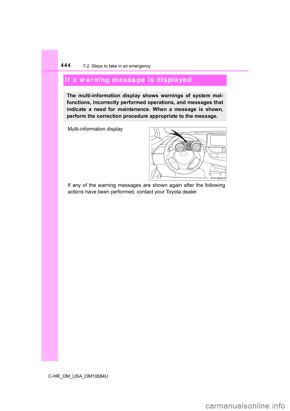TOYOTA C-HR 2021  Owners Manual (in English) 4447-2. Steps to take in an emergency
C-HR_OM_USA_OM10684U
If  a warning message is displayed
Multi-information display
If  any  of  the  warning  messages  are  shown  again  after  the  following
ac