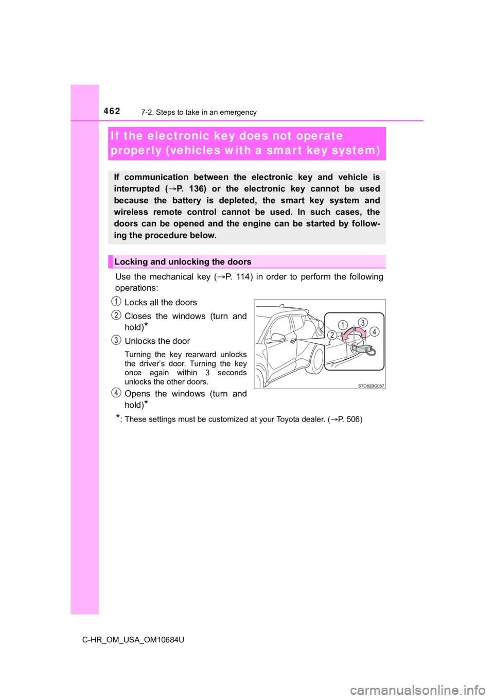 TOYOTA C-HR 2021 Owners Manual (in English) 4627-2. Steps to take in an emergency
C-HR_OM_USA_OM10684U
If the electronic key does not operate
properly (vehicles with a smar t key system)
Use the mechanical key (P. 114) in order to TOYOTA C-HR 2021 Owners Manual (in English) 4627-2. Steps to take in an emergency
C-HR_OM_USA_OM10684U
If the electronic key does not operate
properly (vehicles with a smar t key system)
Use the mechanical key (P. 114) in order to