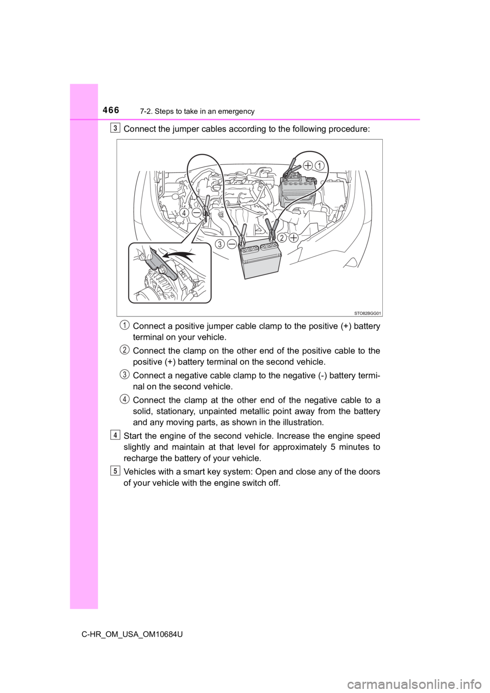 TOYOTA C-HR 2021  Owners Manual (in English) 4667-2. Steps to take in an emergency
C-HR_OM_USA_OM10684U
Connect the jumper cables according to the following procedure:Connect a positive jumper cable clamp to the positive (+) batte ry
terminal on