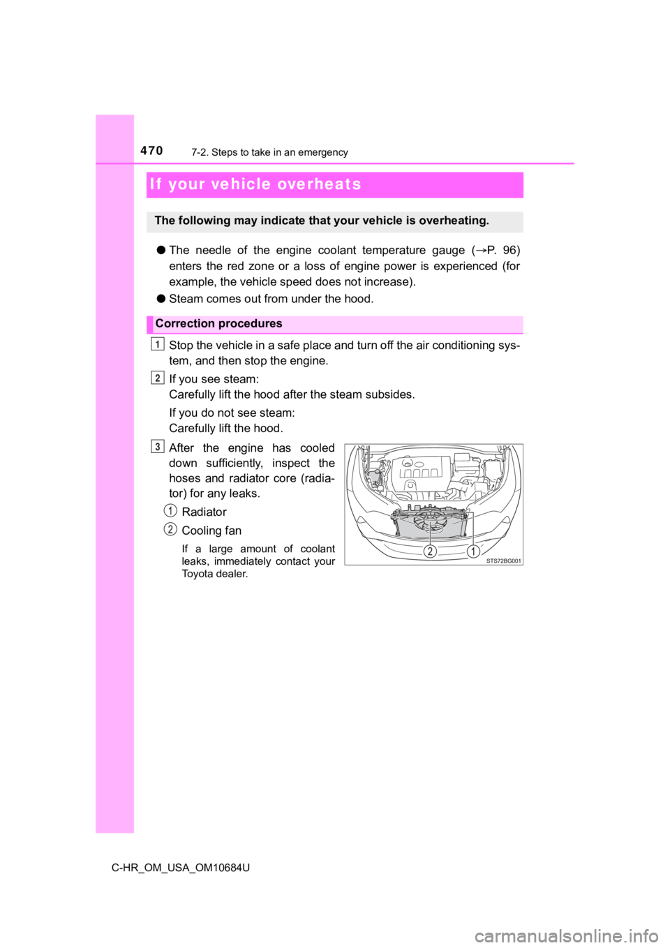 TOYOTA C-HR 2021 Owners Manual (in English) 4707-2. Steps to take in an emergency
C-HR_OM_USA_OM10684U
If your vehicle overheats
●The needle of the engine coolant temperature gauge ( P. 9 6 )
enters the red zone or a loss TOYOTA C-HR 2021 Owners Manual (in English) 4707-2. Steps to take in an emergency
C-HR_OM_USA_OM10684U
If your vehicle overheats
●The needle of the engine coolant temperature gauge ( P. 9 6 )
enters the red zone or a loss