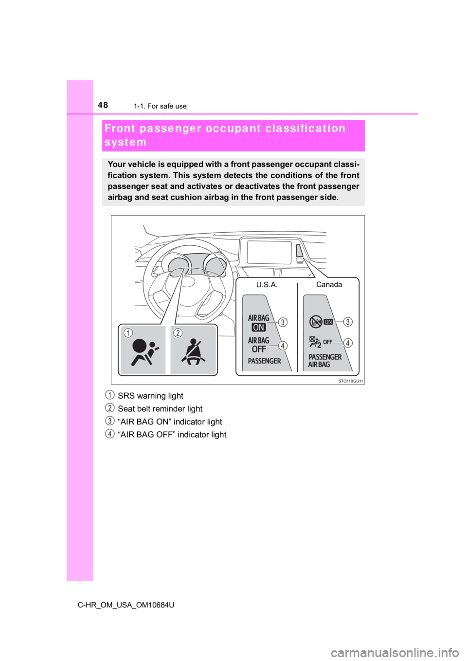 TOYOTA C-HR 2021 (in English) Service Manual 481-1. For safe use
C-HR_OM_USA_OM10684U
Front passenger occupant classification
system
SRS warning light
Seat belt reminder light
“AIR BAG ON” indicator light
“AIR BAG OFF” indicator light
Y TOYOTA C-HR 2021 (in English) Service Manual 481-1. For safe use
C-HR_OM_USA_OM10684U
Front passenger occupant classification
system
SRS warning light
Seat belt reminder light
“AIR BAG ON” indicator light
“AIR BAG OFF” indicator light
Y