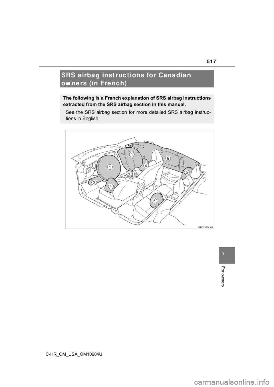 TOYOTA C-HR 2021 Owners Manual (in English) 517
C-HR_OM_USA_OM10684U
9
For owners
SRS airbag instructions for Canadian
owners (in French)
The following is a French explanation of SRS airbag instructions
extracted from the SRS air bag section i TOYOTA C-HR 2021 Owners Manual (in English) 517
C-HR_OM_USA_OM10684U
9
For owners
SRS airbag instructions for Canadian
owners (in French)
The following is a French explanation of SRS airbag instructions
extracted from the SRS air bag section i