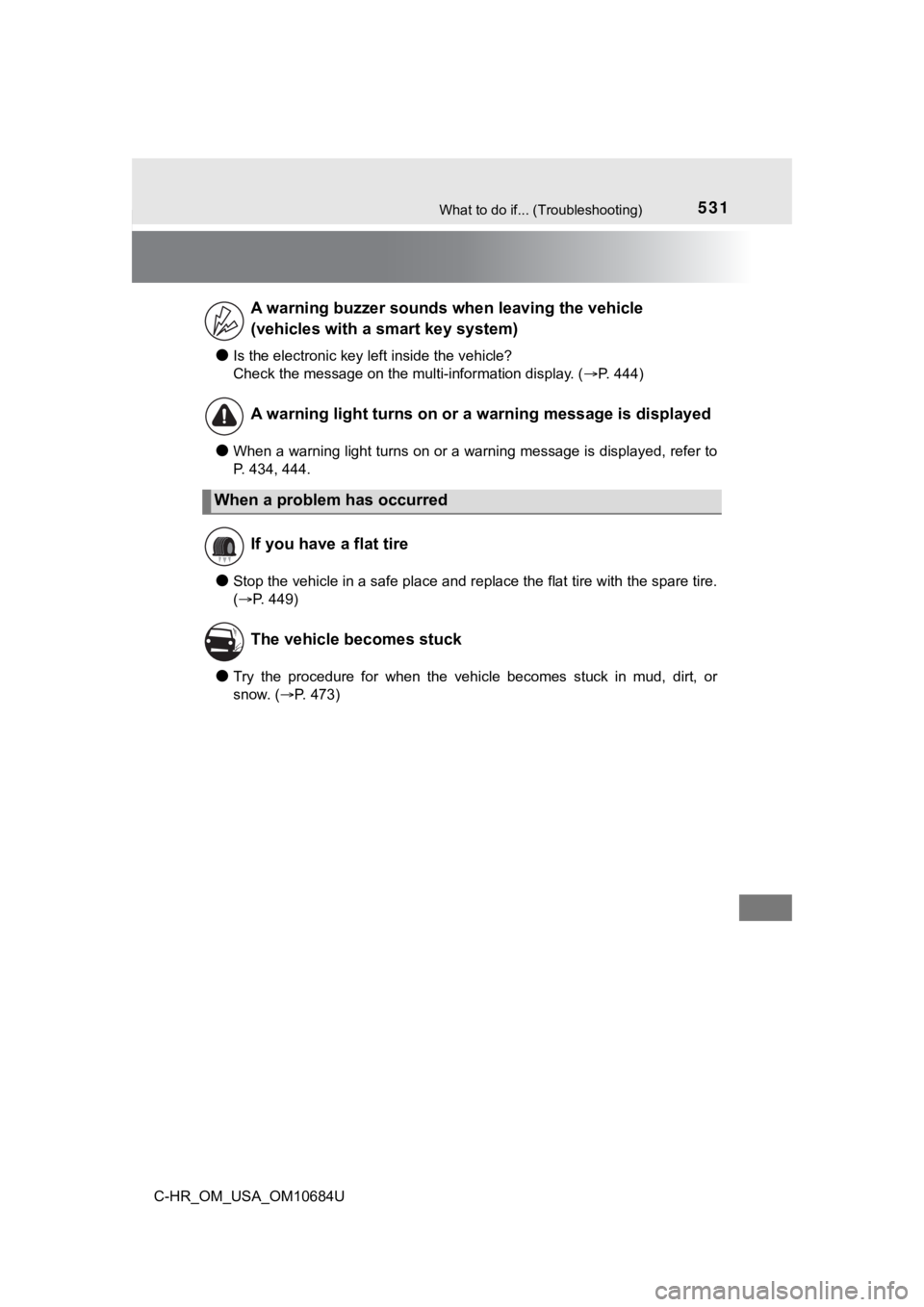 TOYOTA C-HR 2021 Owners Manual (in English) 531What to do if... (Troubleshooting)
C-HR_OM_USA_OM10684U
●Is the electronic key left inside the vehicle?
Check the message on the multi-information display. (P. 444)
●When a warning light tur TOYOTA C-HR 2021 Owners Manual (in English) 531What to do if... (Troubleshooting)
C-HR_OM_USA_OM10684U
●Is the electronic key left inside the vehicle?
Check the message on the multi-information display. (P. 444)
●When a warning light tur